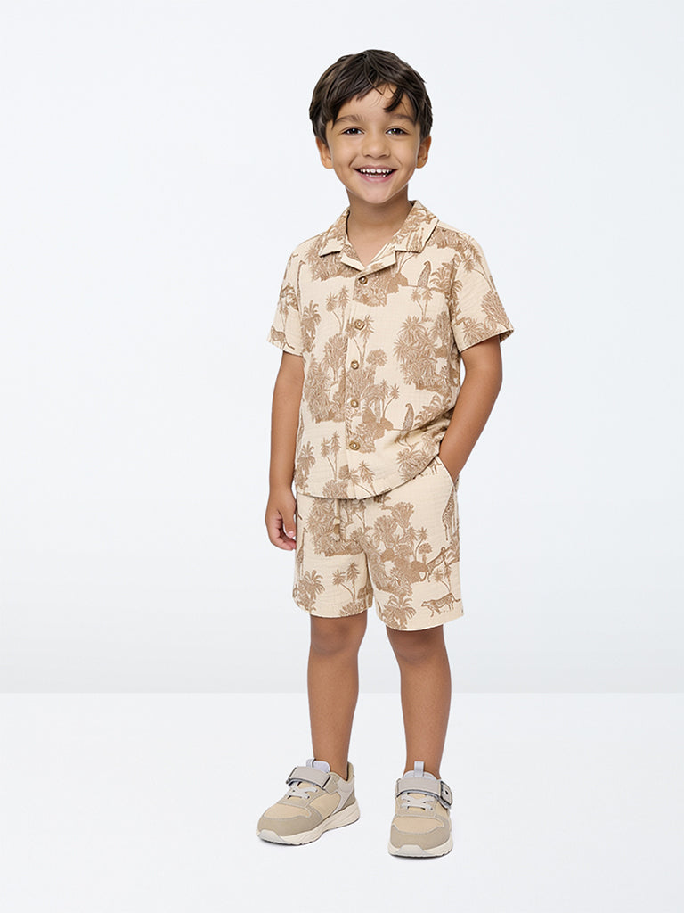 HOP Kids Boys Taupe Nature-Inspired Cotton Shirt and Short Set