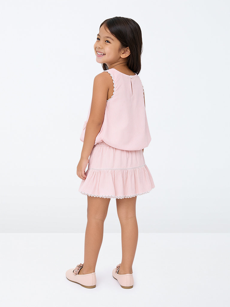 HOP Kids Girls Light Pink Striped Cotton-Blend Top and Skirt Set