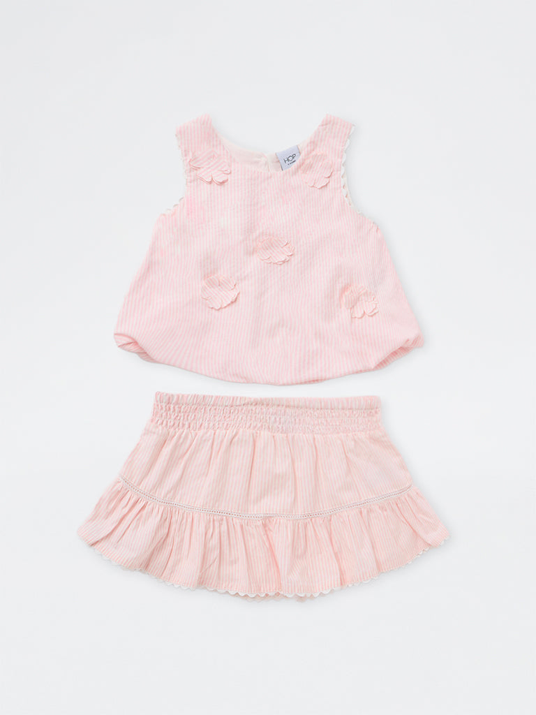 HOP Kids Girls Light Pink Striped Cotton-Blend Top and Skirt Set