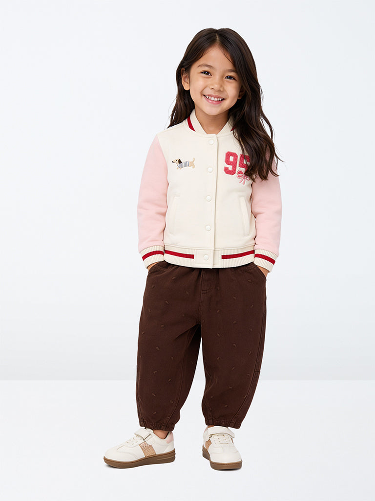 HOP Kids Girls Brown Heart Embroidered High-Rise Relaxed-Fit Jeans