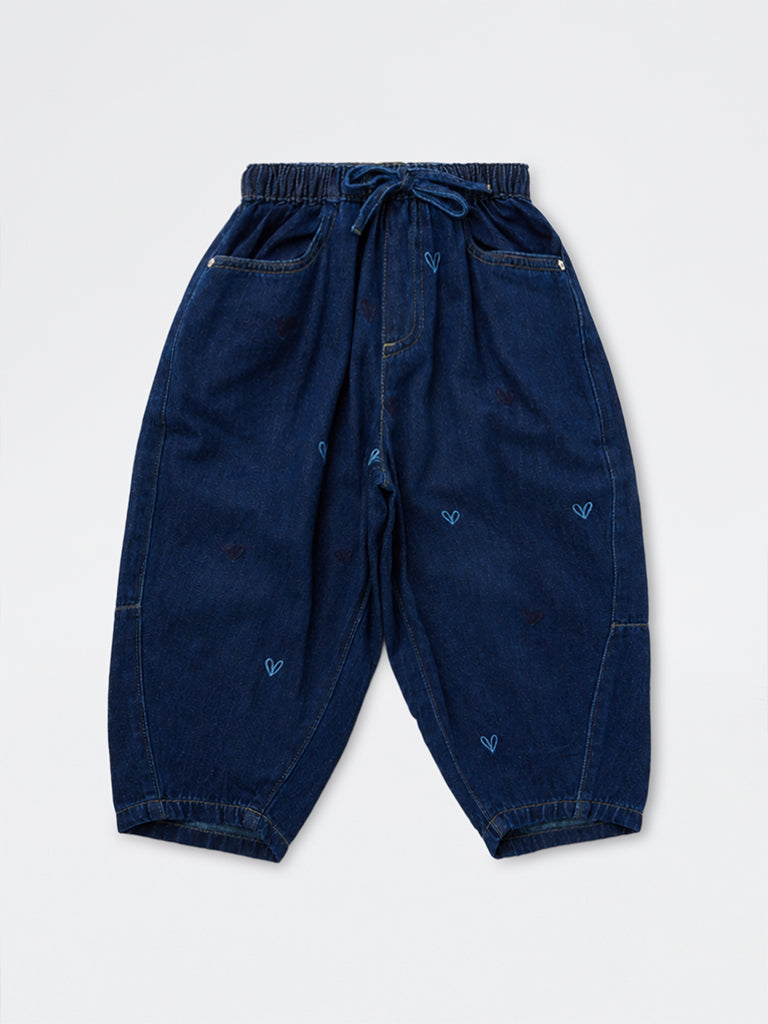 HOP Kids Girls Dark Blue High-Rise Baggy Jeans