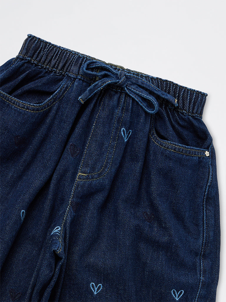 HOP Kids Girls Dark Blue High-Rise Baggy Jeans