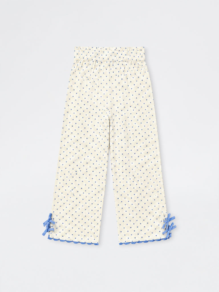 HOP Kids Girls White Polka Dot Printed High-Rise Cotton Pants