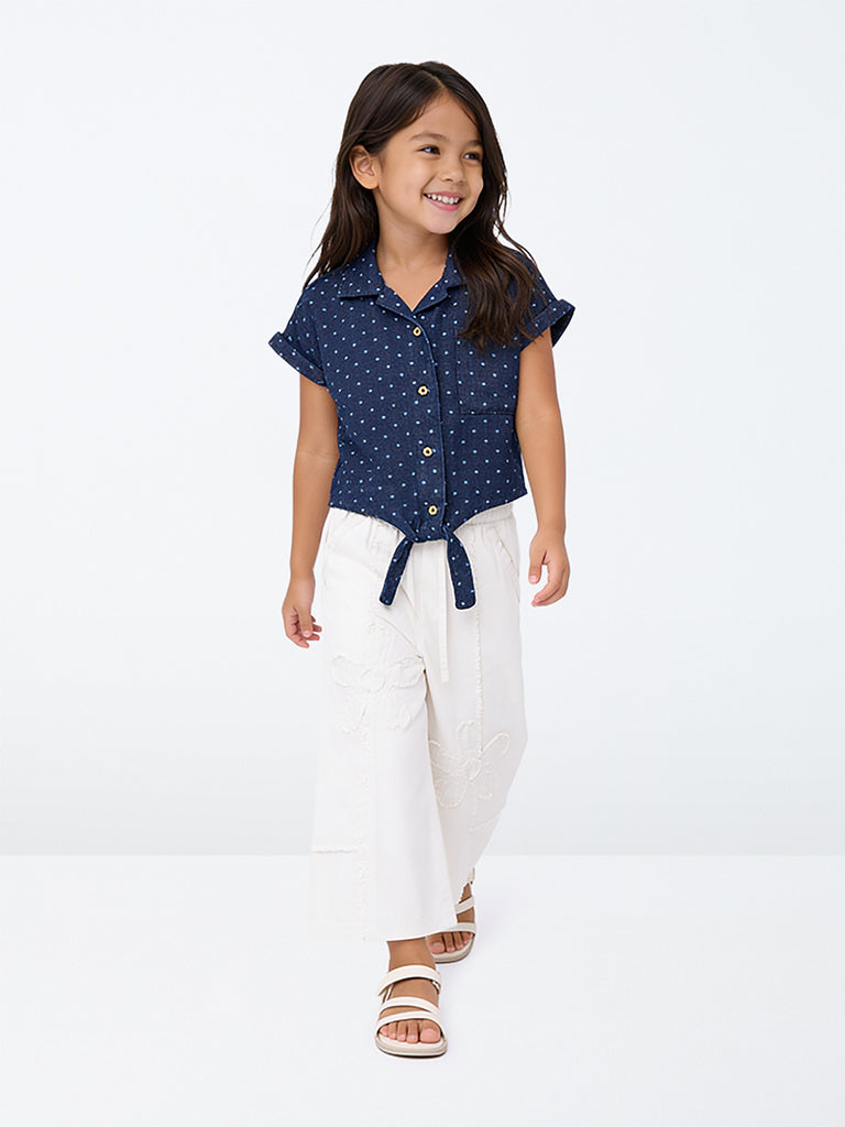 HOP Kids Girls Dark Blue Polka-Dot Printed Denim Top