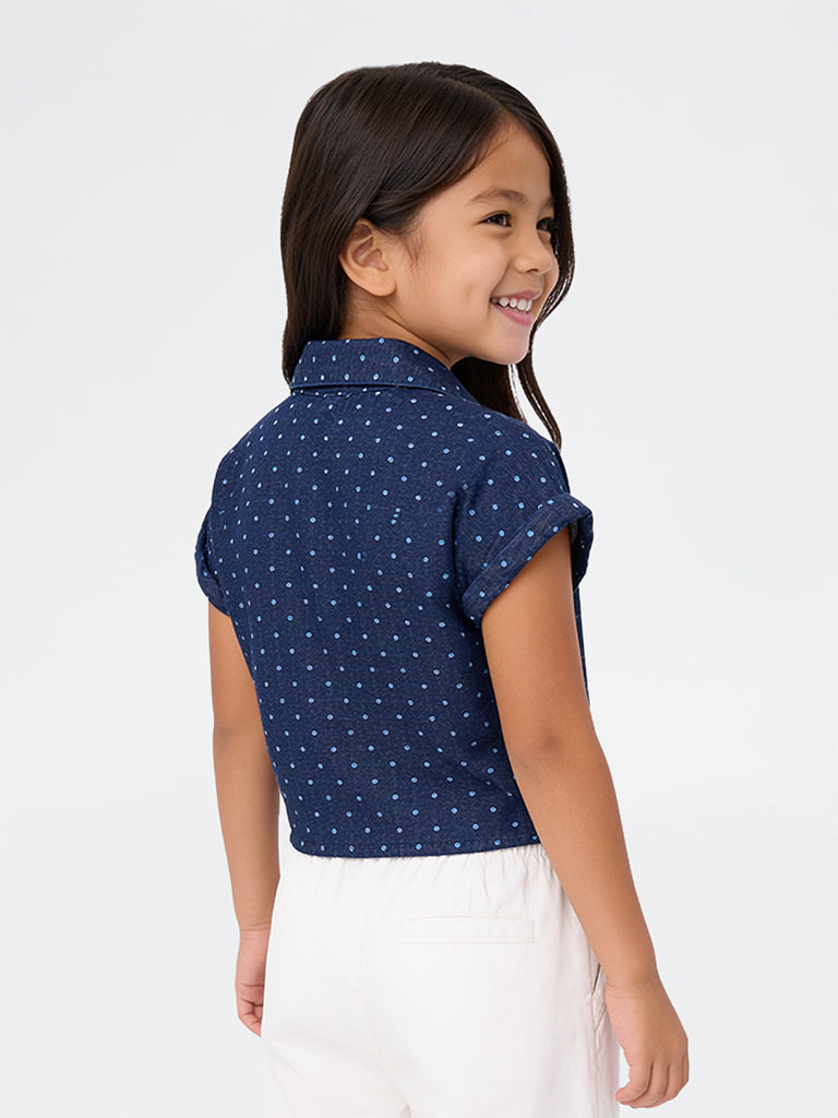 HOP Kids Girls Dark Blue Polka-Dot Printed Denim Top
