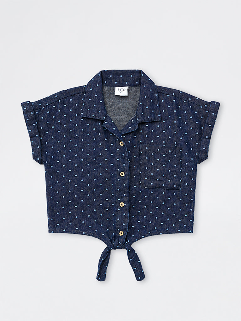 HOP Kids Girls Dark Blue Polka-Dot Printed Denim Top