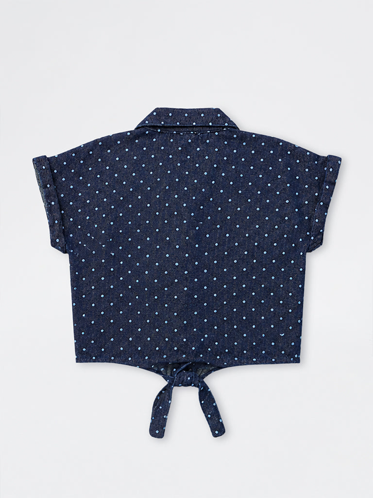 HOP Kids Girls Dark Blue Polka-Dot Printed Denim Top