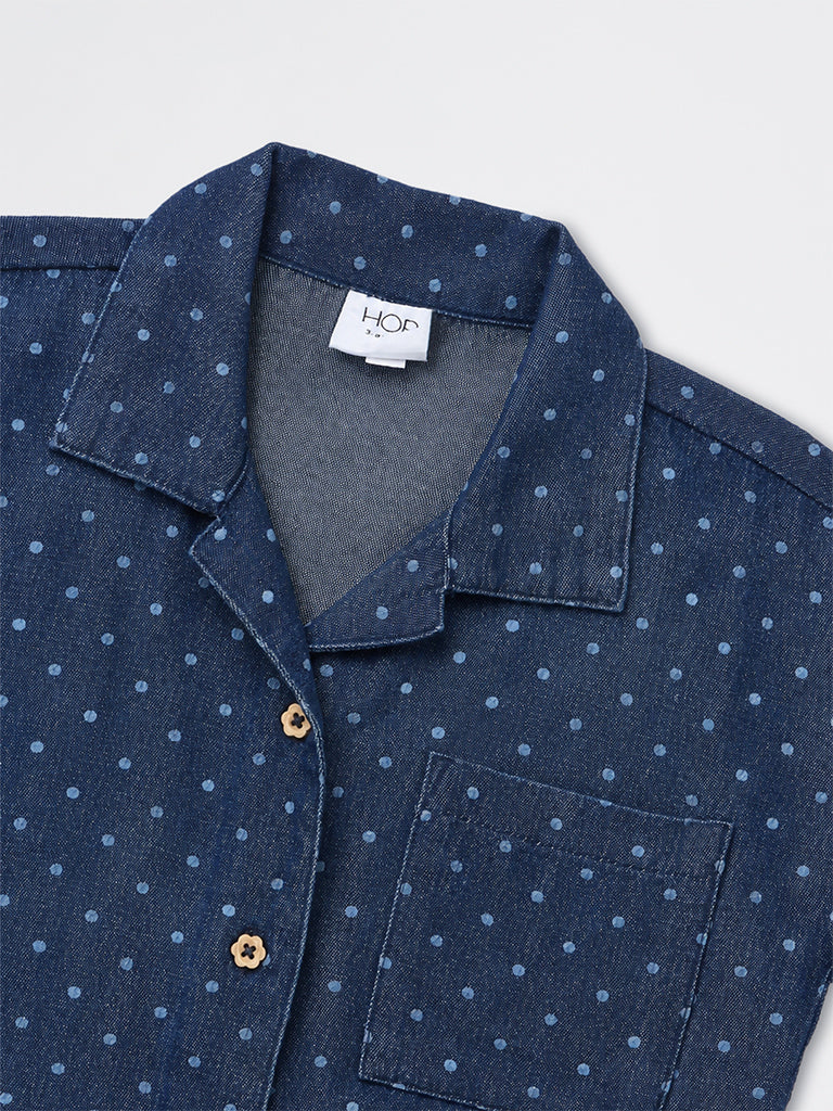HOP Kids Girls Dark Blue Polka-Dot Printed Denim Top