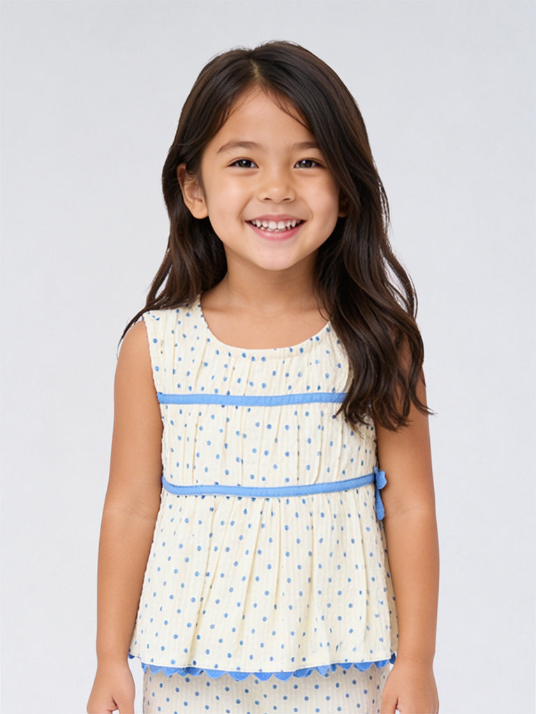 HOP Kids Girls White Polka Dot Printed Cotton Top