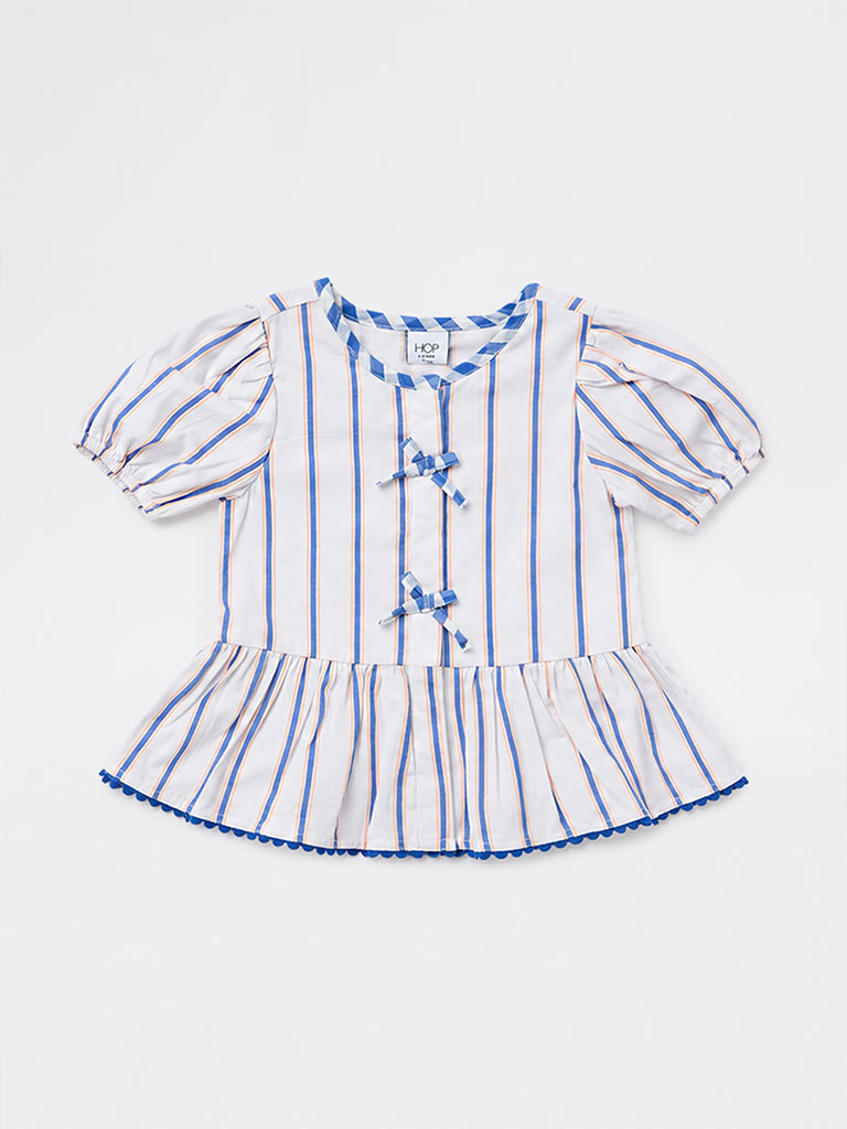 HOP Kids Girls White Bow-Detail Striped Cotton Top