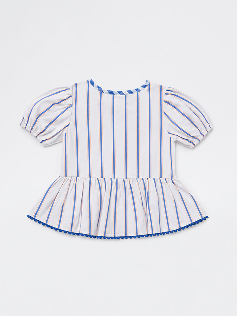 HOP Kids Girls White Bow-Detail Striped Cotton Top