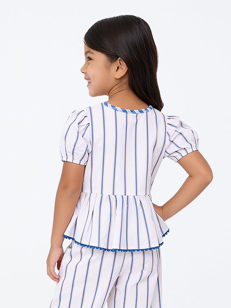 HOP Kids Girls White Bow-Detail Striped Cotton Top