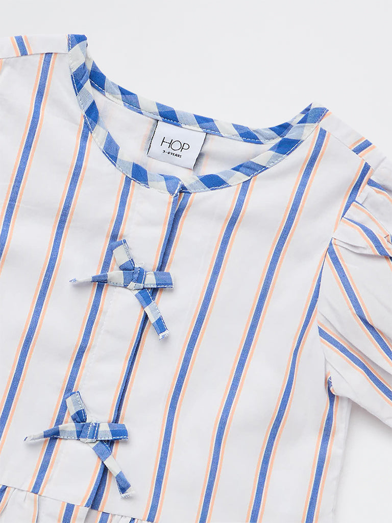 HOP Kids Girls White Bow-Detail Striped Cotton Top