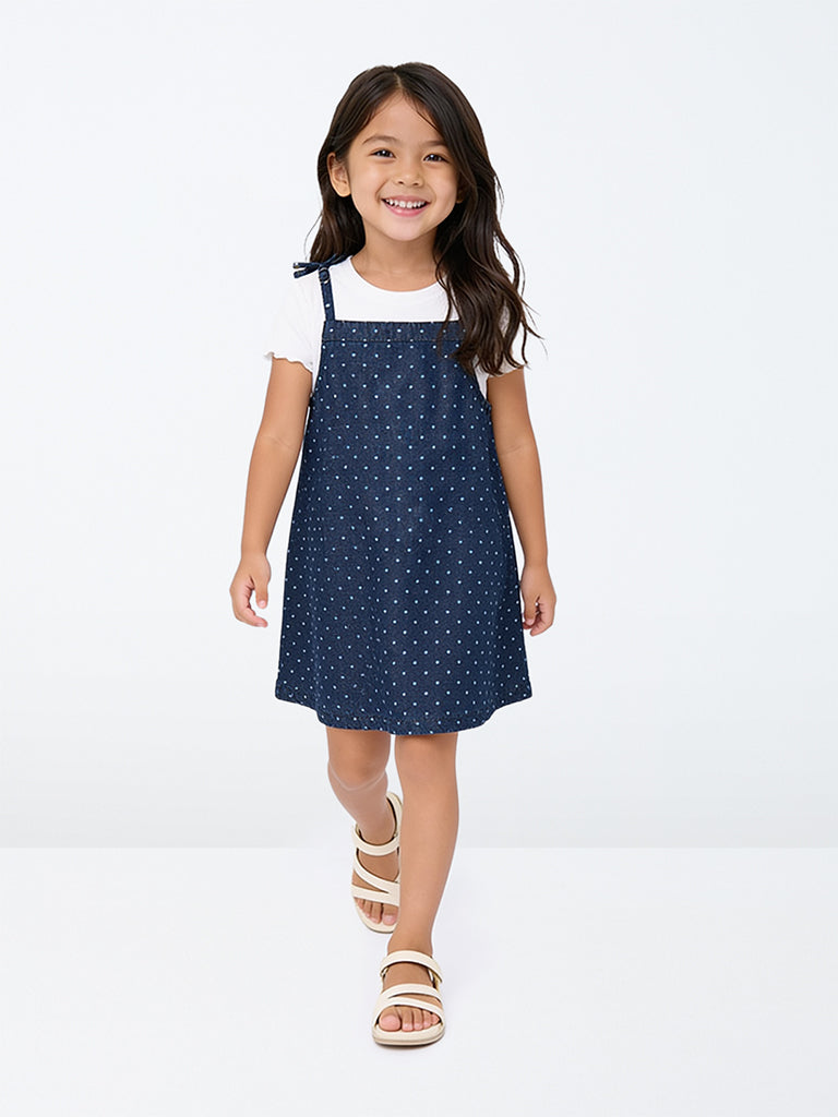HOP Kids Girls Dark Blue Polka-Dot Printed Denim Pinafore and T-Shirt Set