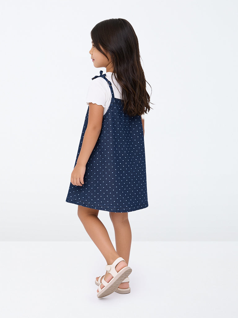 HOP Kids Girls Dark Blue Polka-Dot Printed Denim Pinafore and T-Shirt Set
