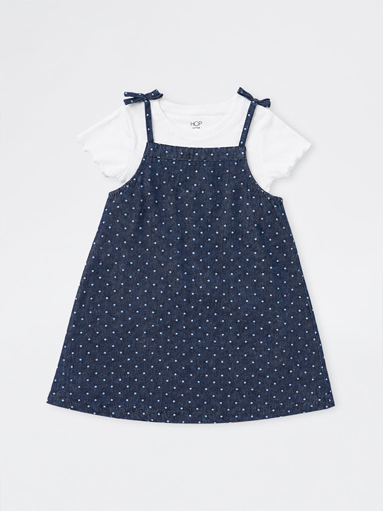 HOP Kids Girls Dark Blue Polka-Dot Printed Denim Pinafore and T-Shirt Set