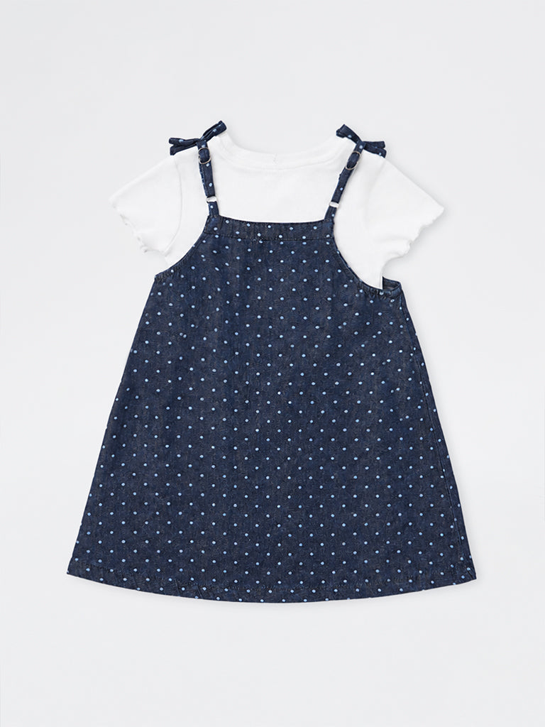 HOP Kids Girls Dark Blue Polka-Dot Printed Denim Pinafore and T-Shirt Set