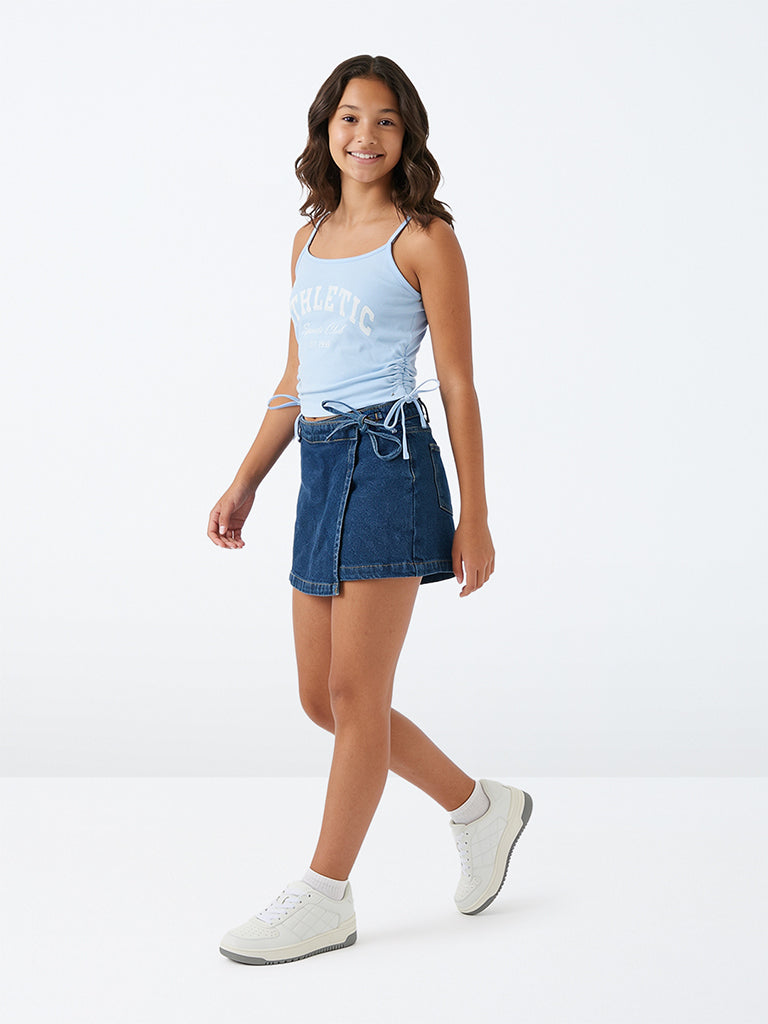 Girls Dark Blue Wrap-Style Denim Skorts