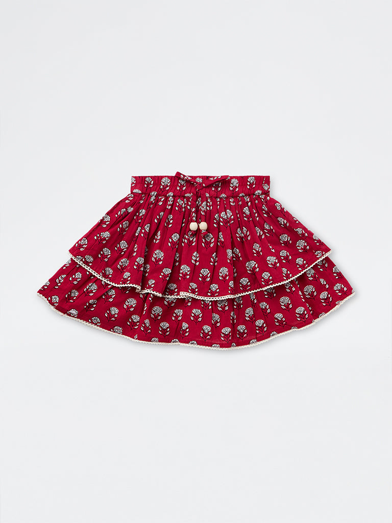 Utsa Kids Girls Red Floral Printed Tiered Cotton Skirt - (2-8 yrs)