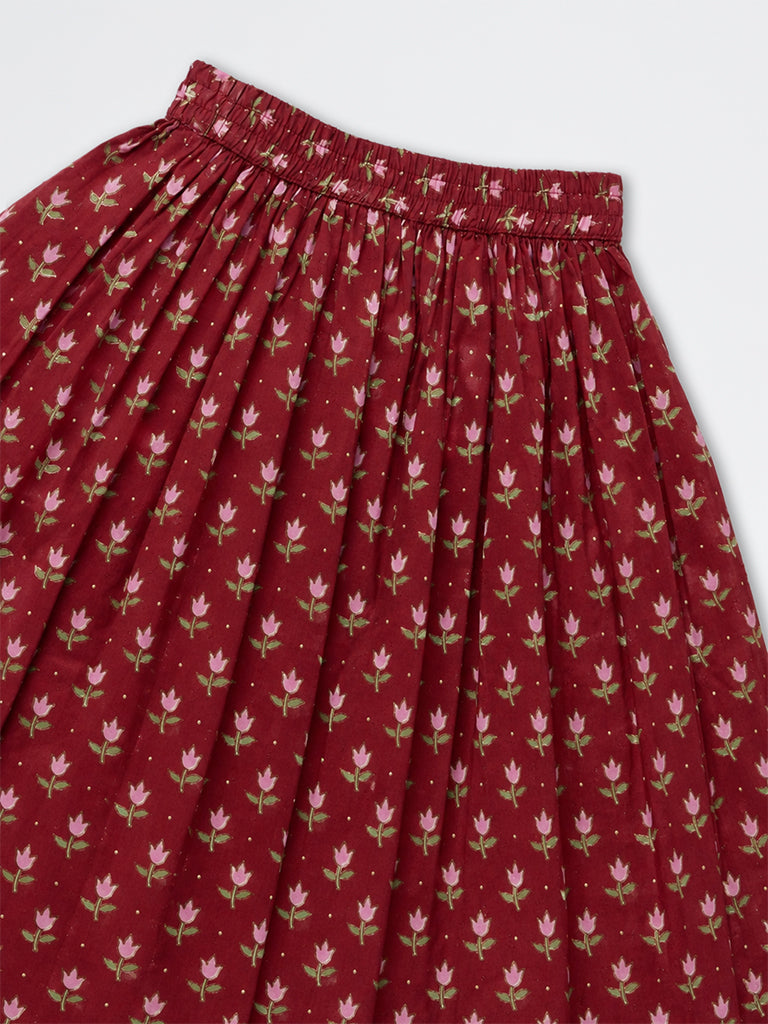 Utsa Kids Girls Red Floral Printed Cotton-Blend Skirt - (2-8 yrs)