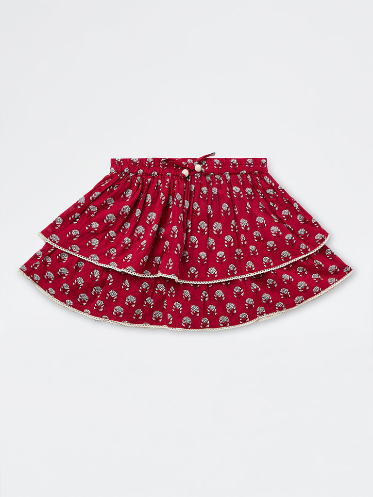 Utsa Kids Girls Red Floral Printed Tiered Cotton Skirt - (8-14 yrs)