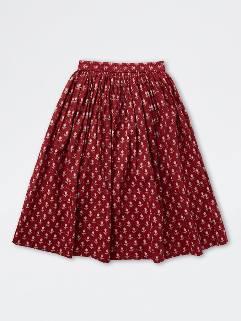 Utsa Kids Girls Red Floral Printed Cotton-Blend Skirt - (8-14 yrs)
