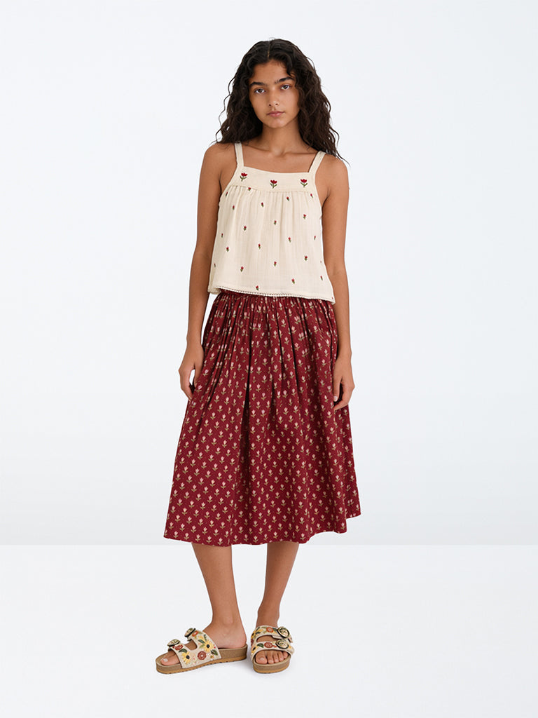 Utsa Kids Girls Red Floral Printed Cotton-Blend Skirt - (8-14 yrs)