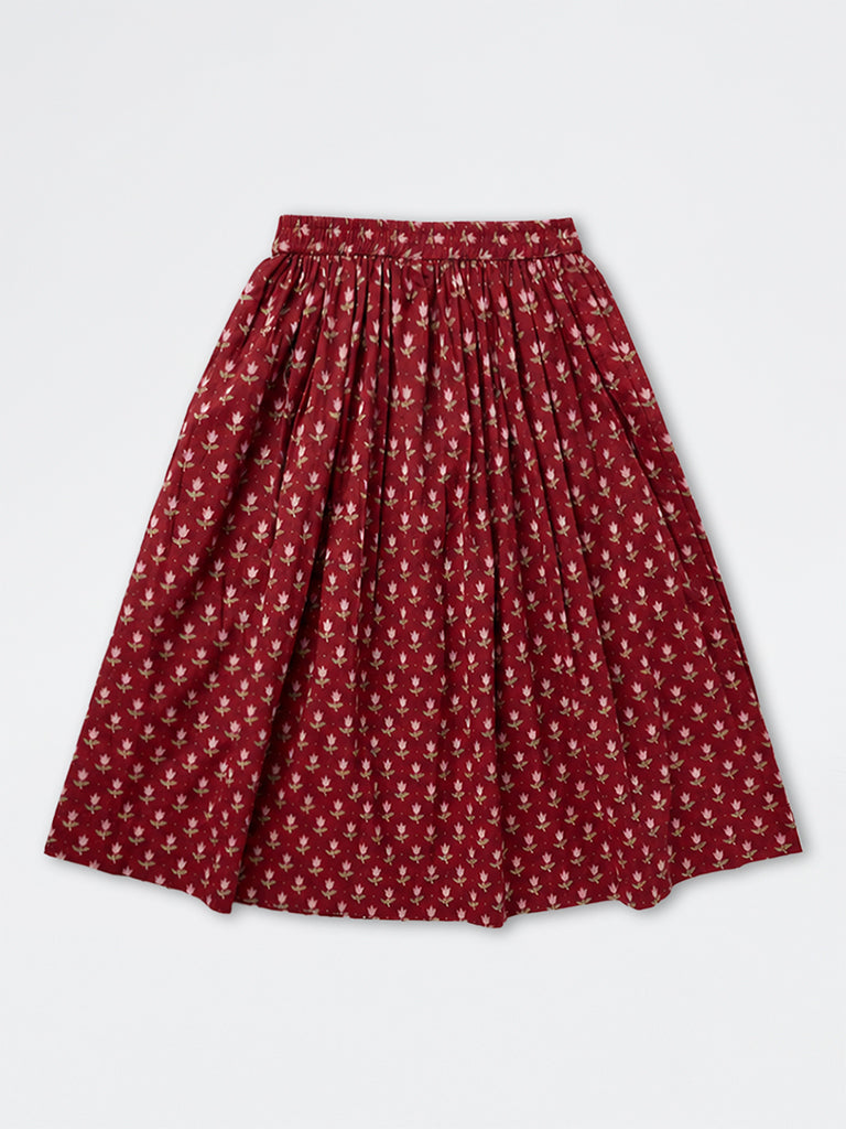 Utsa Kids Girls Red Floral Printed Cotton-Blend Skirt - (8-14 yrs)