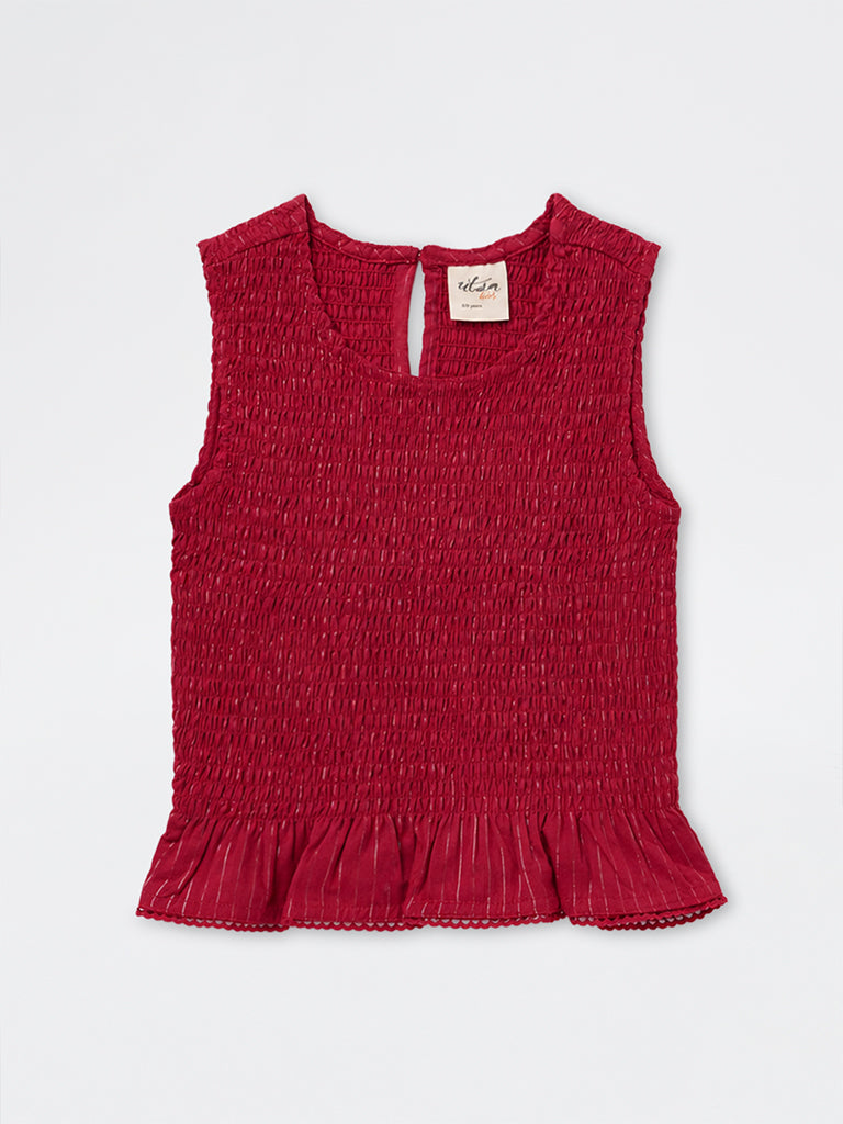 Utsa Kids Girls Red Smocked Cotton-Blend Top - (2-8 yrs)