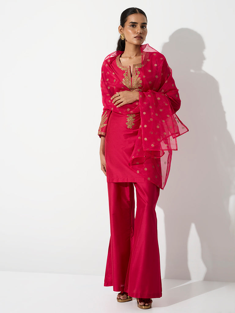 Vark Pink Foliage Embroidered Straight Ethnic Set