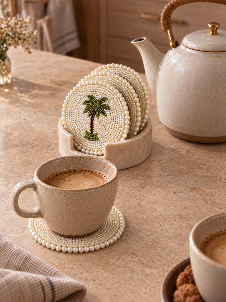 Westside Home White Palm Tree Design Pearl Coasters - Set of 4