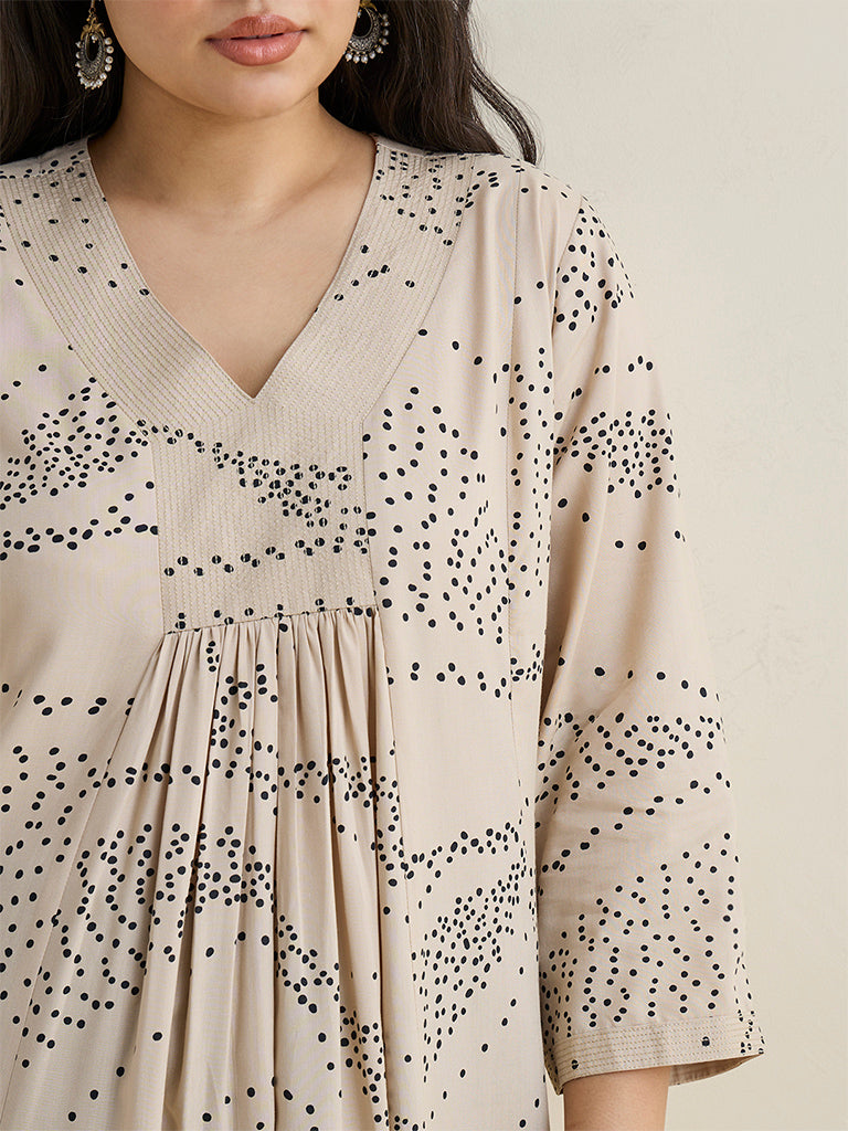 Diza Light Beige Botanical Printed A-Line Kurta
