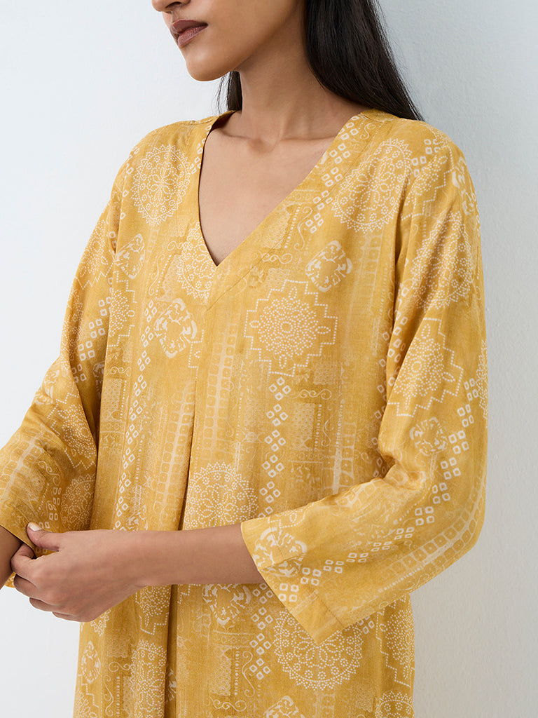 Zuba Yellow Printed A-Line Kurta