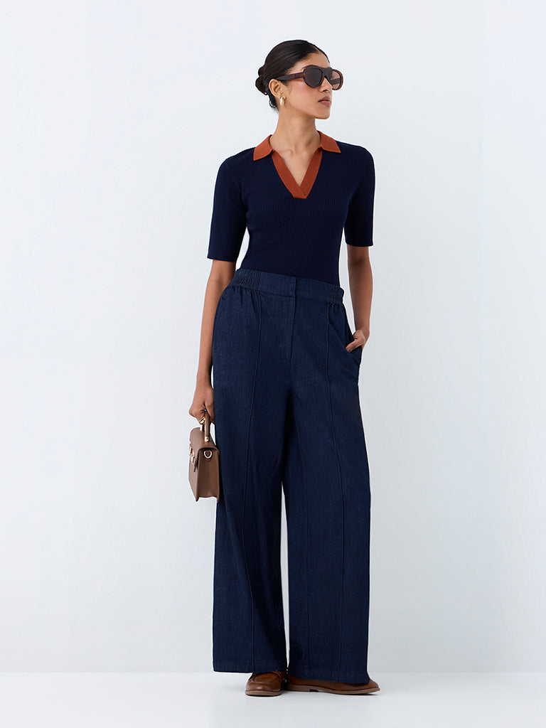 Wardrobe Navy Ribbed-Textured T-Shirt