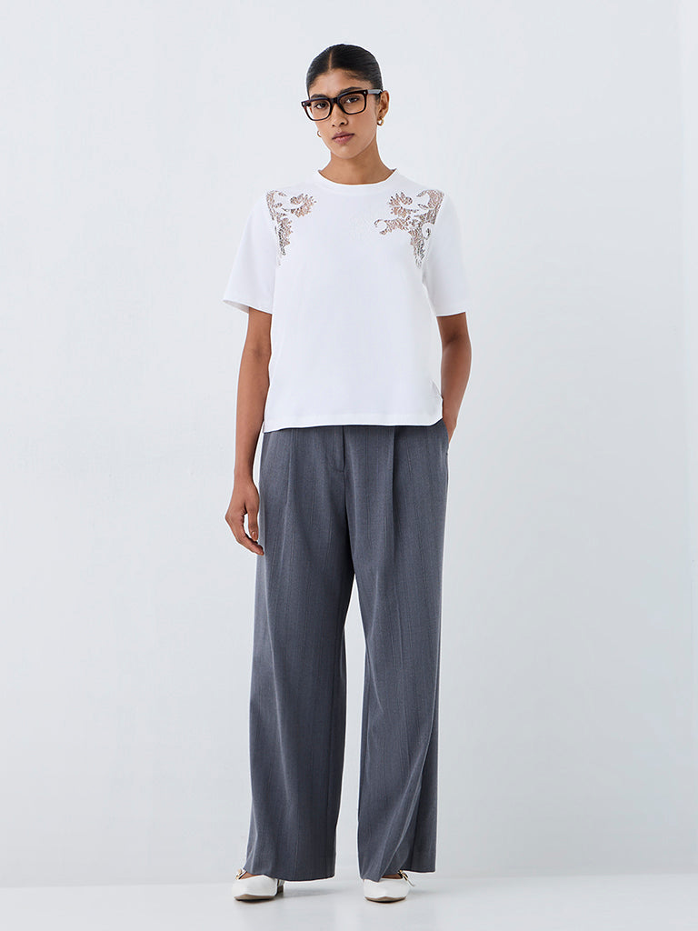 Wardrobe White Lace-Detail Cotton-Blend T-Shirt
