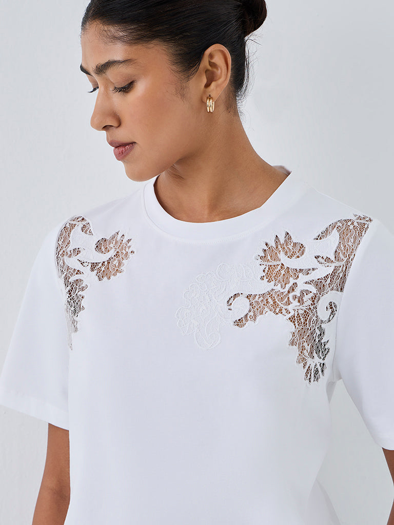 Wardrobe White Lace-Detail Cotton-Blend T-Shirt