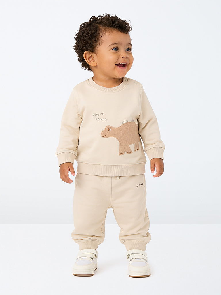 HOP Baby Boys Beige Dinosaur Design Cotton Sweatshirt with Joggers Set