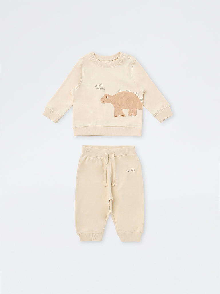 HOP Baby Boys Beige Dinosaur Design Cotton Sweatshirt with Joggers Set