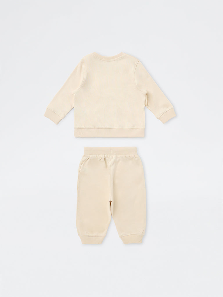 HOP Baby Boys Beige Dinosaur Design Cotton Sweatshirt with Joggers Set