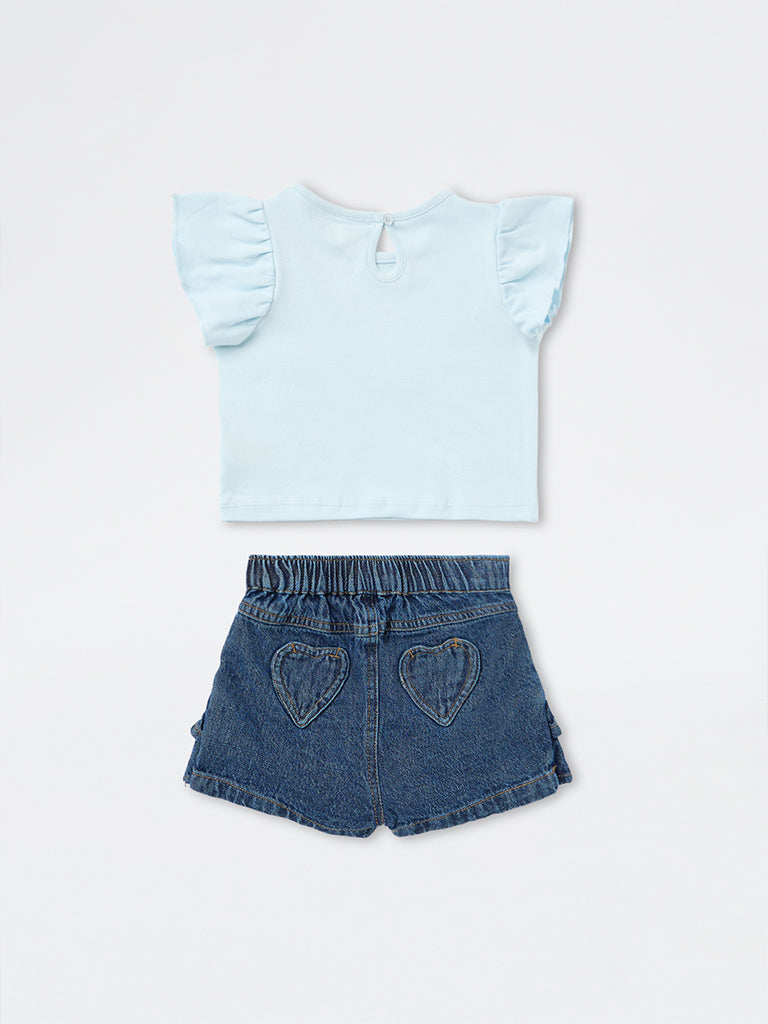 HOP Baby Girls Blue Animal Design Cotton Top and Denim Skort Set