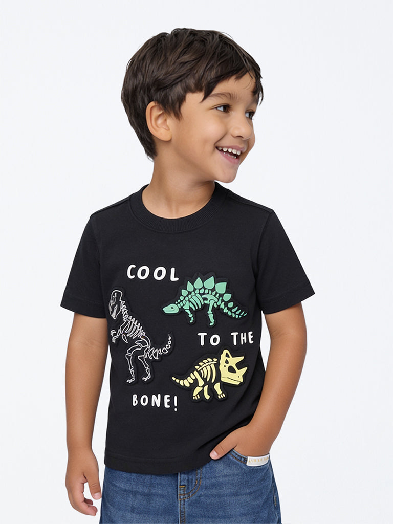 HOP Kids Boys Black Dinosaur-Theme Cotton T-Shirt