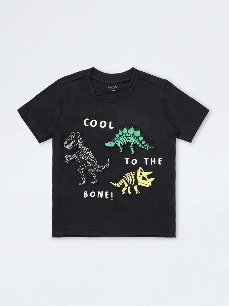 HOP Kids Boys Black Dinosaur-Theme Cotton T-Shirt