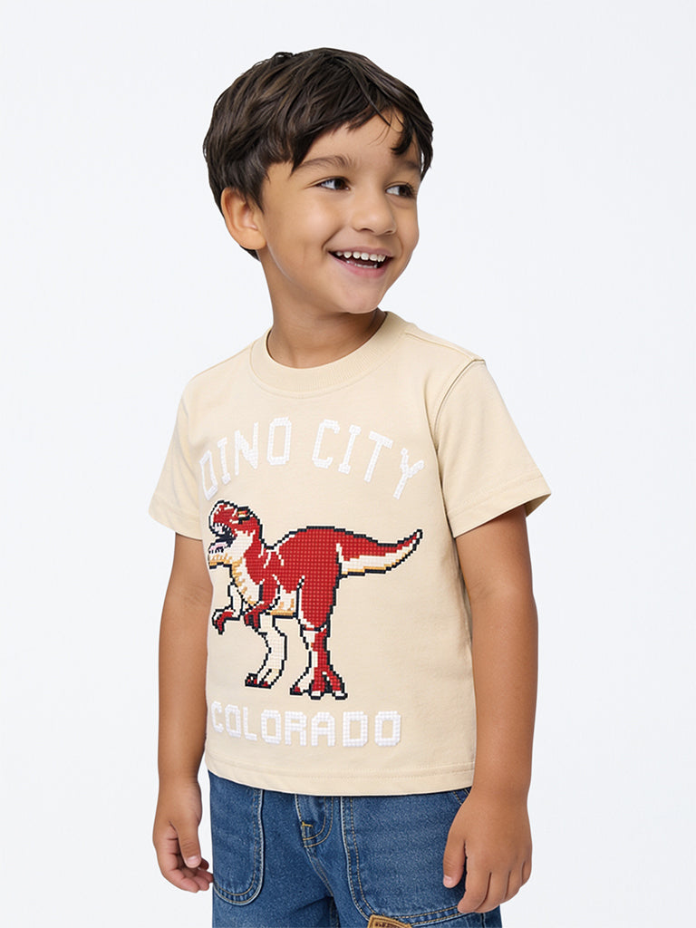 HOP Kids Boys Light Beige Dinosaur Embossed Cotton T-Shirt