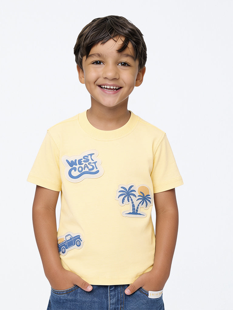 HOP Kids Boys Light Yellow Patch-Detail Cotton T-Shirt