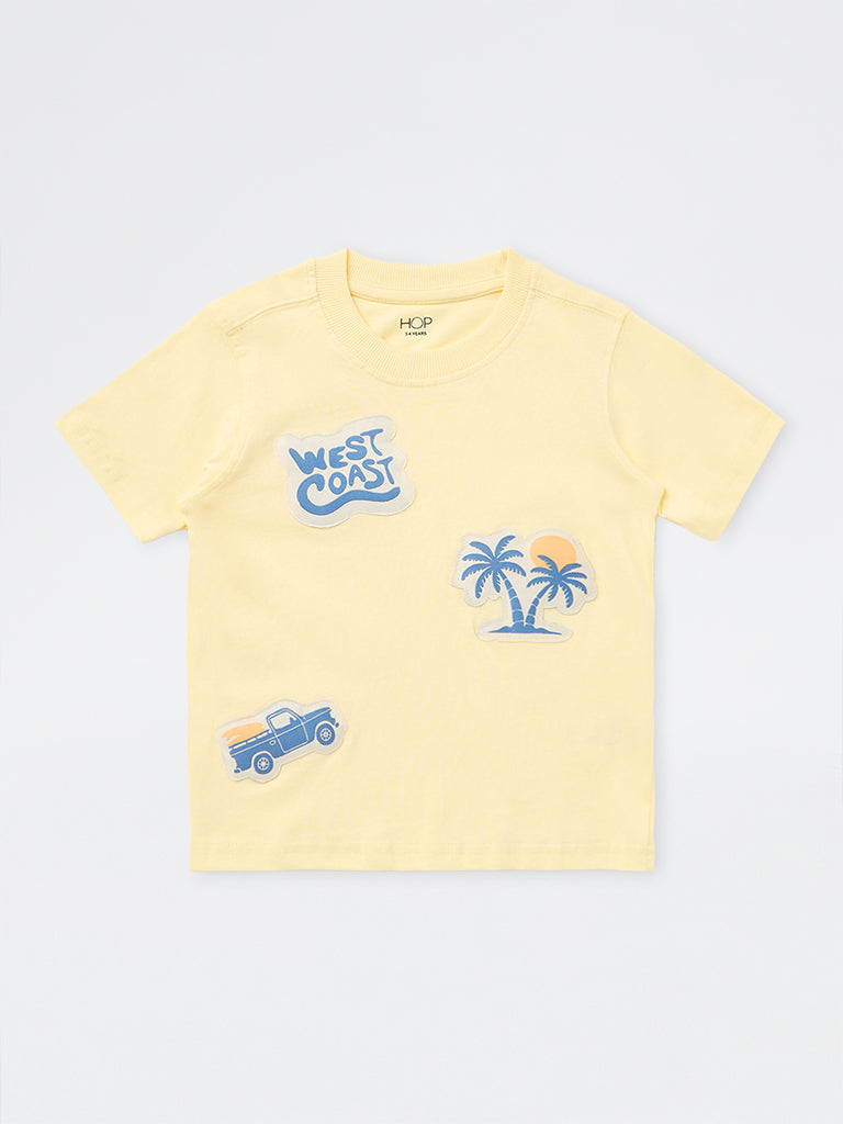 HOP Kids Boys Light Yellow Patch-Detail Cotton T-Shirt