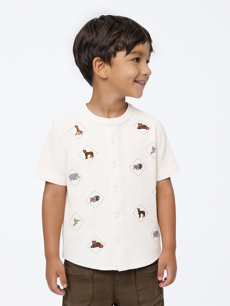 HOP Kids Boys Off-White Animal Embroidered Waffle-Textured Cotton Shirt
