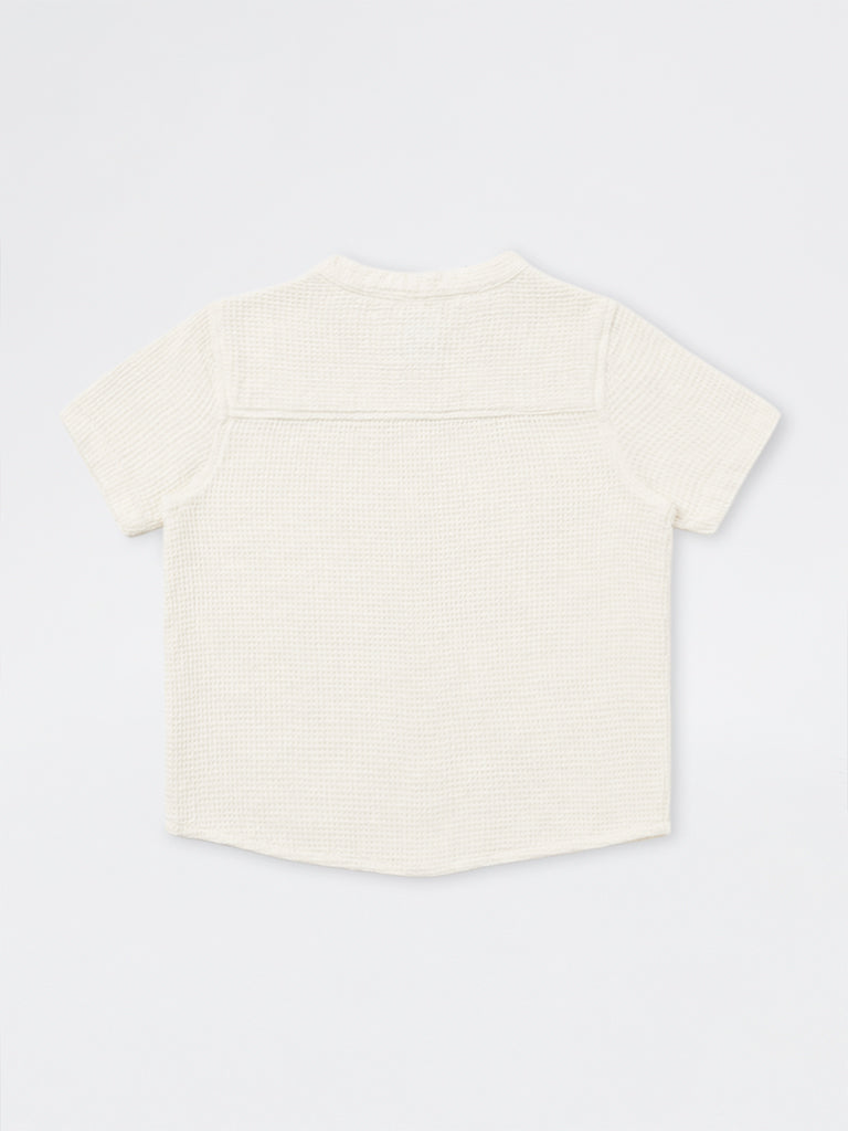 HOP Kids Boys Off-White Animal Embroidered Waffle-Textured Cotton Shirt