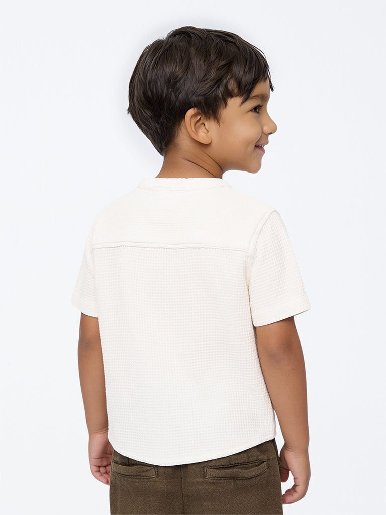 HOP Kids Boys Off-White Animal Embroidered Waffle-Textured Cotton Shirt