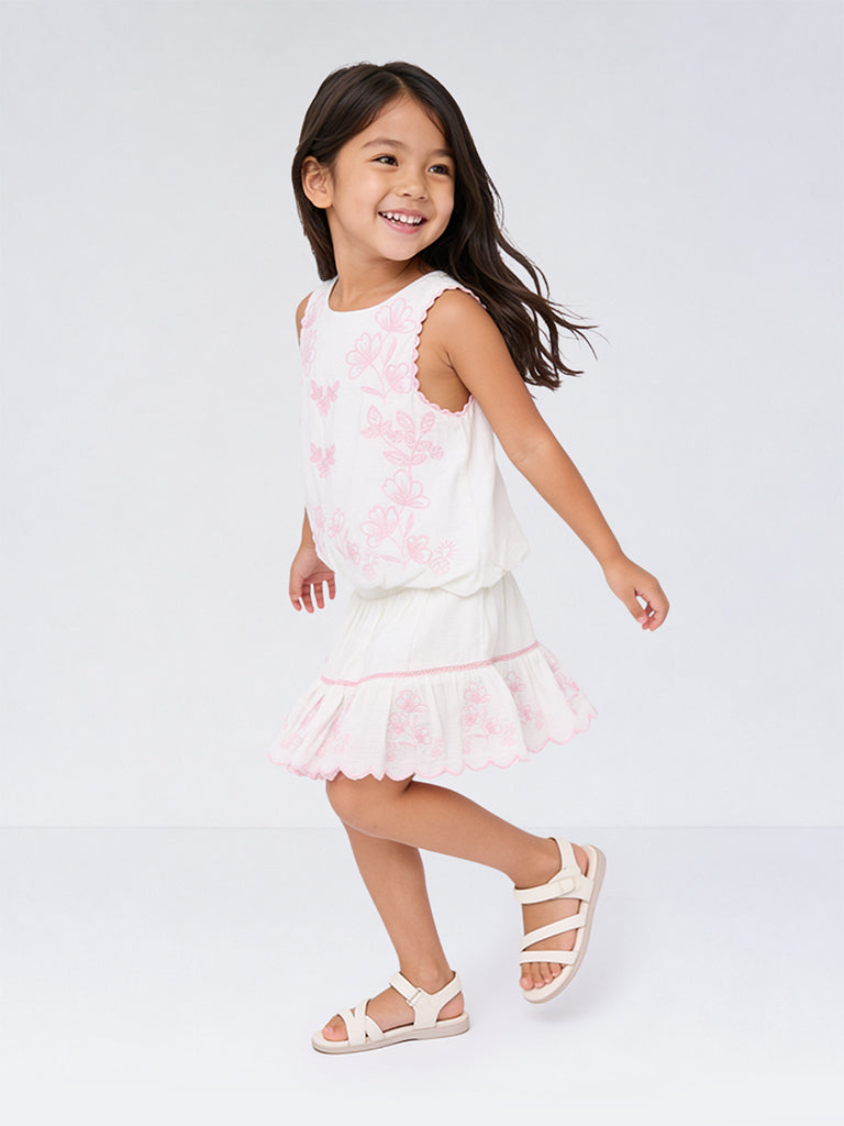 HOP Kids Girls White Floral Embroidered Cotton Top and Skirt Set