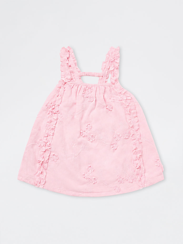 HOP Kids Girls Pink Floral Embroidered Cotton Top